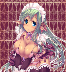 Rule 34 | 1girl, aqua hair, blue eyes, blush, bow, bra, breasts squeezed together, breasts, cleavage, covered erect nipples, dark-skinned female, dark elf, dark skin, elf, green hair, large breasts, lingerie, long hair, maid, maid headdress, open mouth, original, panties, pointy ears, shimakaze (soundz of bell), solo, tan, thighhighs, underwear