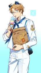 Rule 34 | ahoge, america (hetalia), animal ears, aqua background, axis powers hetalia, badge, bag, blonde hair, blue eyes, blue neckerchief, brand name imitation, cat boy, cat ears, dated, eating, food, glasses, gradient background, ice cream, kemonomimi mode, looking at viewer, mcdonald&#039;s, neckerchief, pants, paper bag, shirt, to@st, tongue, tongue out, triple scoop, white pants, white shirt