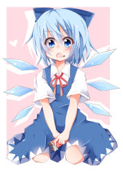 Rule 34 | 1girl, blue dress, blue eyes, blue hair, blush, bow, candy, chocolate, chocolate bar, cirno, dress, food, food on face, hair bow, hakobako, heart, ice, ice wings, long sleeves, matching hair/eyes, open mouth, shirt, short sleeves, sitting, solo, touhou, wariza, wings