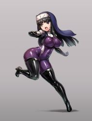 Rule 34 | 1girl, bodysuit, boots, breasts, cameltoe, elbow gloves, covered erect nipples, full body, gloves, habit, impossible clothes, kamori sayaka, large breasts, latex, long hair, nun, open mouth, original, purple eyes, purple hair, rindou (radical dream), skin tight, solo, thigh boots, thighhighs, thighs