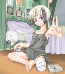 Rule 34 | 1girl, alcohol, amputee, bandages, bare arms, barefoot, bed, bed frame, bed sheet, bikko, borrowed character, cat, cigarette, collarbone, dress, feet, flat chest, holding, holding cigarette, looking at viewer, mitsuki (toriaezu), multicolored hair, off shoulder, original, pillow, scar, scar across eye, scar on face, short hair, smoke, soles, toes
