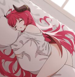 Rule 34 | 1girl, alternate costume, ass, bare shoulders, blue archive, closed eyes, dakimakura (object), demon horns, demon wings, highres, horns, hr.r, hugging object, junko (blue archive), long hair, lying, naked shirt, on bed, on side, open mouth, pillow, pillow hug, red hair, shirt, sleeping, solo, thighs, very long hair, white shirt, window, wings