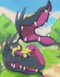 Rule 34 | ass, biting, creatures (company), fangs, forest, full body, game freak, gen 3 pokemon, highres, looking at viewer, mawile, mega mawile, mega pokemon, nanaeljustice, nature, nintendo, outdoors, parted bangs, pokemon, pokemon (creature), purple eyes, solo