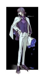 Rule 34 | 1boy, absurdres, ascot, blue flower, blue rose, border, bouquet, buttons, capelet, eiki (eikityou 55), fate/grand order, fate (series), flower, frown, full body, grey eyes, grey hair, hand on own hip, highres, holding, holding bouquet, male focus, oberon (fate), oberon (third ascension) (fate), pants, puffy sleeves, purple ascot, purple vest, rose, sharp toenails, shirt, short hair, solo, toenails, twitter username, vest, white border, white capelet, white pants, white shirt