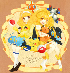 Rule 34 | 10s, 1girl, :&lt;, bad id, bad pixiv id, blonde hair, boots, bow, brown eyes, cardigan, character name, chinchou, copyright name, creatures (company), cure peace, dress, dual persona, electrode (pokemon), game freak, gen 1 pokemon, gen 2 pokemon, gen 4 pokemon, hair flaps, hairband, holding, kise yayoi, luxray, magical girl, magneton, nintendo, orange shorts, pichu, pikachu, pokemon, pokemon (creature), polka dot, polka dot background, ponytail, potako, power connection, precure, raichu, rotom, rotom (normal), shinx, shorts, shorts under skirt, sitting, skirt, smile, smile precure!, striped, striped background, tears, voltorb, white hairband, wrist cuffs, yellow dress, yellow eyes, yellow skirt, yellow theme