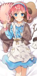 Rule 34 | 1girl, animal, animal ears, apron, bed sheet, blue dress, blue eyes, blue hairband, blush, branch, character request, commentary request, copyright request, dog ears, dress, dress flower, feet out of frame, grey apron, hair ornament, hairband, highres, long sleeves, lying, on back, orange ribbon, pink hair, red hair, ribbon, smile, solo, waist apron, yuno (suke yuno)