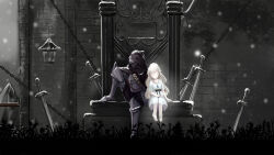 Rule 34 | 1boy, 1girl, armor, chain, cloak, dress, ender lilies quietus of the knights, full armor, full body, grey hair, highres, hood, hooded cloak, jewelry, knight, lily (ender lilies), long hair, necklace, planted, planted sword, planted weapon, sitting, snow, snowing, sorodo, sword, umbral knight (ender lilies), weapon, white dress