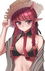 Rule 34 | arknights, arm at side, bikini, black bikini, black collar, black ribbon, blunt bangs, braid, closed mouth, collar, detached collar, expressionless, hair ornament, hair ribbon, hand up, hat, highres, holding, holding clothes, holding hat, horns, jitome, light blush, long hair, looking to the side, midriff, navel, necktie, off shoulder, pointy ears, red eyes, red hair, red necktie, ribbon, sidelocks, simple background, single bare shoulder, star (symbol), star hair ornament, straw hat, swimsuit, tsurime, twin braids, upper body, vigna (arknights), white background