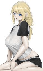 Rule 34 | 1girl, absurdres, black shorts, blonde hair, blue eyes, breasts, highres, large breasts, long hair, looking at viewer, midriff, norunollu, original, parted lips, shirt, shorts, simple background, smile, solo, white background, white shirt