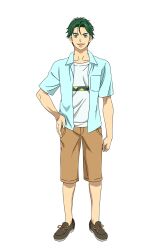 Rule 34 | 1boy, blue eyes, blue shirt, brown footwear, brown pants, collared shirt, full body, green hair, hand on own hip, highres, king of prism, king of prism: shiny seven stars, male focus, official art, open clothes, open mouth, open shirt, pants, pretty rhythm, pretty series, second-party source, shirt, shoes, short hair, simple background, smile, solo, standing, tachi-e, takahashi minato, transparent background, white shirt