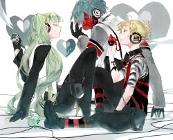 Rule 34 | 1girl, 2boys, aqua eyes, aqua hair, arm support, black footwear, black gloves, blonde hair, boots, cable, chain, from side, gas mask, gloves, green hair, hatsune miku, headphones, high heel boots, high heels, highres, kagamine len, kaito (vocaloid), long hair, mask, microphone, multiple boys, pantyhose, profile, project diva (series), project diva f, scarf, shoes, sitting, striped clothes, striped legwear, striped pantyhose, tattoo, toma &#039;3&#039;, unhappy refrain (vocaloid), very long hair, vocaloid, wire