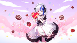 Rule 34 | 1girl, :d, apron, bad id, bad pixiv id, black shirt, blue hair, box, commission, facial mark, fortissimo, frilled apron, frills, gift, gift box, hair ornament, heart, heart-shaped box, highres, holding, holding gift, looking at viewer, maid, maid headdress, mamel 27, multicolored hair, musical note, musical note hair ornament, open mouth, original, pleated skirt, puffy short sleeves, puffy sleeves, red eyes, shirt, short hair, short sleeves, skirt, smile, solo, treble clef, two-tone hair, white apron, white hair, white skirt