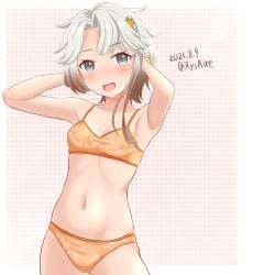 Rule 34 | 1girl, akishimo (kancolle), ame-san, arms behind head, artist name, asymmetrical hair, bra, breasts, brown hair, contrapposto, cowboy shot, dated, gradient hair, hair intakes, hair ornament, highres, kantai collection, leaf hair ornament, multicolored hair, navel, orange bra, orange panties, panties, print bra, print panties, print underwear, short hair, short hair with long locks, silver hair, small breasts, solo, standing, star (symbol), star bra, star panties, star print, training bra, twintails, underwear, underwear only