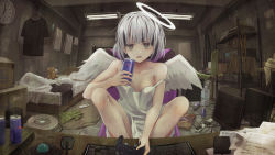 Rule 34 | 1girl, angel wings, anzi, bare arms, bare shoulders, bed, black shirt, bottle, breasts, can, ceiling light, clock, clothes hanger, collarbone, commentary request, controller, dress, feathered wings, game controller, grey eyes, grey hair, halo, highres, holding, holding can, indoors, keyboard (computer), knees up, looking at viewer, monitor, mouse (computer), original, parted lips, pillow, robotic vacuum cleaner, shirt, unworn shirt, sitting, sleeveless, sleeveless dress, small breasts, solo, strap slip, stuffed animal, stuffed cat, stuffed toy, teddy bear, wall clock, water bottle, white dress, white wings, wings