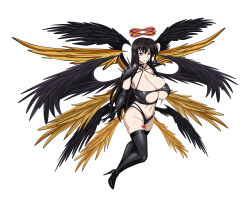 Rule 34 | 1girl, black hair, black halo, black wings, breasts, cleavage, covered erect nipples, fallen angel, feathered wings, gloves, halo, high school dxd, highres, large breasts, leg tattoo, long hair, multiple wings, navel, pubic tattoo, purple eyes, purple halo, raynare, shoulder pads, slit pupils, smile, tattoo, wings, yellow halo, yellow wings, yxyyxy