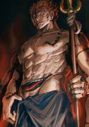 Rule 34 | 1boy, abs, arm tattoo, black nails, chest tattoo, collarbone, ear piercing, extra arms, extra eyes, extra mouth, facial tattoo, highres, holding, holding polearm, holding weapon, jujutsu kaisen, male focus, muscular, muscular male, nail polish, navel, nipples, open mouth, pectorals, piercing, polearm, red hair, ryoumen sukuna (jujutsu kaisen), serious, short hair, shoulder tattoo, skirt, solo, spear, stomach, tattoo, teeth, tongue, tongue out, topless male, weapon, woshihedawei