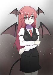 Rule 34 | 1girl, a7size, arms under breasts, bad id, bad pixiv id, bat wings, black skirt, black vest, blush, breasts, brown background, closed mouth, cowboy shot, demon tail, gradient background, hair between eyes, head wings, highres, juliet sleeves, koakuma, light particles, long hair, long sleeves, looking at viewer, medium breasts, necktie, pink eyes, puffy sleeves, red hair, red necktie, simple background, skirt, smile, solo, tail, touhou, very long hair, vest, wing collar, wings