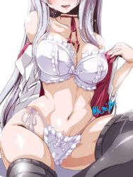 Rule 34 | 10s, 1girl, bra, breasts, center frills, frilled bra, frilled panties, frills, groin, head out of frame, kantai collection, long hair, miuku (marine sapphire), navel, panties, shoukaku (kancolle), silver hair, simple background, solo, tongue, tongue out, underwear, white background, white panties