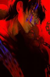 Rule 34 | 1boy, black eyes, black hair, black shirt, blood, blood on face, blue blood, chain, closed eyes, colored blood, crazy eyes, crazy smile, creature, dos (dos 1013), fushiguro touji, gradient background, highres, jujutsu kaisen, looking to the side, male focus, motion blur, nosebleed, open mouth, red background, shirt, short hair, simple background, smile, solo, teeth, upper body, weapon, wide-eyed