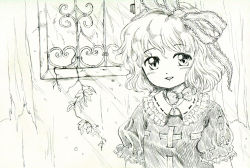Rule 34 | 1girl, blush, bow, bowtie, hair bow, ivy, looking at viewer, medicine melancholy, medinki, monochrome, puffy short sleeves, puffy sleeves, short hair, short sleeves, smile, touhou, upper body, window