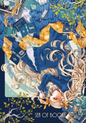 Rule 34 | 1girl, black eyes, blonde hair, blue theme, blush, book, bookmark, bow, branch, commentary request, dress, english text, fish, food, frills, fruit, hair ribbon, hamondo, juliet sleeves, lace, leaf, lemon, long hair, long sleeves, looking away, open book, original, painting (object), picture frame, puffy sleeves, reading, ribbon, scarf, unworn scarf, solo, surreal, upside-down, very long hair, water drop, wavy hair