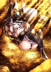 Rule 34 | 1girl, absurdres, alternate costume, animal ears, aonori00, aqua eyes, aqua hair, architecture, armpit peek, arms behind head, ass, black panties, bow, breasts, cane, capelet, cleavage, coin, coin slot, corset, elbow gloves, frilled thighhighs, frills, gem, gloves, gold, gothic architecture, hat, hat bow, high heels, highres, indoors, jewelry, large breasts, light rays, merlin prismriver, panties, rabbit ears, thighhighs, top hat, touhou, underwear, wavy hair