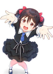 Rule 34 | 1girl, artist name, artist request, bare legs, black footwear, black hair, black ribbon, black shirt, black skirt, blue neckwear, blush, bow, female focus, forhor1, full body, hair bow, looking at viewer, love live!, love live! school idol project, outstretched arms, parted lips, red bow, red eyes, ribbon, sailor collar, shirt, short hair, skirt, skull573, smile, solo, striped ribbon, twintails, white background, yazawa nico