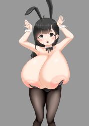 Rule 34 | animal ears, animated, animated gif, areola slip, black hair, black leotard, bouncing breasts, breasts, caramelldansen, cleavage, collarbone, dancing, fake animal ears, gigantic breasts, grey eyes, huge areolae, leotard, lik h123, long hair, open mouth, oppai loli, playboy bunny, rabbit ears, undersized clothes, wrist cuffs