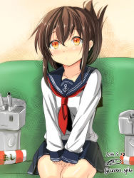 Rule 34 | 10s, 1girl, :/, anchor symbol, blush, brown eyes, brown hair, couch, dated, folded ponytail, gin&#039;ichi (akacia), green upholstery, highres, inazuma (kancolle), kantai collection, lifebuoy, pleated skirt, puff of air, rensouhou-chan, school uniform, serafuku, sitting, sketch, skirt, swim ring, turret, twitter username, | |