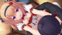 Rule 34 | 1boy, 1girl, blush, breasts, breasts out, censored, clothed sex, game cg, hairband, hetero, highres, indoors, light brown hair, medium breasts, mikagami mamizu, mishiro arisu, mosaic censoring, nipples, official art, open mouth, pieces / wataridori no somnium, purple eyes, pussy, sex, short hair, short sleeves, sweat, two side up, vaginal