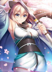 Rule 34 | 1girl, absurdres, arm up, armpits, bare shoulders, black scarf, blonde hair, blue eyes, bow, breasts, cape, character name, cherry blossoms, cowboy shot, detached sleeves, eyebrows, fate/grand order, fate (series), floating hair, glint, guardian-panda, hair between eyes, hair bow, half updo, heterochromia, highres, holding, holding sword, holding weapon, japanese clothes, katana, kimono, koha-ace, large breasts, long sleeves, okita souji, okita souji (fate), okita souji (koha-ace), petals, ponytail, sash, scarf, sheath, short kimono, sleeveless, sleeveless kimono, solo, sword, underbust, unsheathing, weapon, wide sleeves, wind, yellow eyes