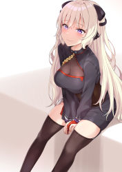 Rule 34 | 1girl, black shirt, black thighhighs, blonde hair, breasts, commission, dulldull, g3 (girls&#039; frontline), g3 (mod3) (girls&#039; frontline), garter straps, girls&#039; frontline, hair ornament, highres, large breasts, long hair, long sleeves, mod3 (girls&#039; frontline), pixiv commission, purple eyes, shirt, sitting, smile, solo, thighhighs