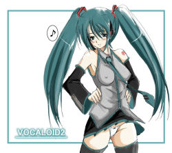Rule 34 | 1girl, aqua necktie, black thighhighs, blouse, breasts, collared shirt, copyright name, covered erect nipples, green hair, grey shirt, hands on own hips, hatsune miku, medium breasts, n820, necktie, panties, shirt, shoulder tattoo, sleeveless, sleeveless shirt, solo, swept bangs, tattoo, thighhighs, twintails, underwear, vocaloid, white background, white panties, wind, wind lift