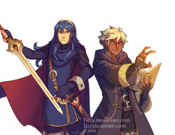 Rule 34 | 1boy, 1girl, blue eyes, blue hair, blush, book, cape, dark-skinned male, dark skin, falchion (fire emblem), fingerless gloves, fire emblem, fire emblem awakening, gloves, long hair, looking at viewer, lucina (fire emblem), nintendo, open mouth, pointy ears, robin (fire emblem), robin (male) (fire emblem), short hair, smile, sword, tiara, weapon
