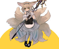 Rule 34 | 1girl, animal ear fluff, animal ears, arknights, asymmetrical gloves, bare shoulders, black footwear, black gloves, blouse, blue hairband, blue skirt, braid, braided hair rings, brown hair, fox ears, fox girl, fox tail, frilled skirt, frills, full body, gloves, green eyes, hair rings, hairband, highres, holding, holding staff, kitsune, kyuubi, looking at viewer, material growth, mismatched gloves, multicolored hair, multiple tails, oripathy lesion (arknights), pantyhose, senjou no pentsu, shirt, shoes, skirt, solo, staff, standing, suzuran (arknights), tail, twin braids, two-tone background, two-tone hair, white background, white gloves, white hair, white pantyhose, white shirt, yellow background