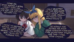 Rule 34 | 2girls, absurdres, ahoge, blind girl (popopoka), blonde girl (popopoka), blonde hair, blue bow, blue bowtie, blue eyes, blue hairband, blurry, blurry background, bow, bowtie, bullying, chair, classroom, collared shirt, commentary, crazy, english commentary, english text, frown, green sweater, hair between eyes, hairband, highres, indoors, long hair, long sleeves, multiple girls, musical note, original, popopoka, red bow, red bowtie, shirt, short sleeves, speech bubble, sweater, table, teeth, white shirt