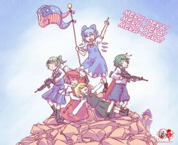 Rule 34 | 6+girls, american flag dress, american flag legwear, antennae, arm up, ascot, assault rifle, blonde hair, blue dress, blue hair, boots, bow, cape, cirno, closed eyes, clownpiece, daiyousei, dress, eyebrows, fairy wings, flag, flagpole, from behind, green dress, green hair, gun, hair between eyes, hair bow, hat, holding, ice, ice wings, index finger raised, jester cap, juliet sleeves, kneeling, long hair, long sleeves, looking at viewer, looking down, multiple girls, mystia lorelei, nude, open mouth, outstretched arms, parody, pink hair, pointing, pointing up, puffy short sleeves, puffy sleeves, red dress, red hair, rifle, rumia, short hair, short sleeves, shorts, side ponytail, skirt, skirt set, smile, spread arms, standing, team 9 (touhou), touhou, tugu negara, vest, weapon, wings, wriggle nightbug, yoruny