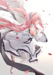 Rule 34 | 1girl, :|, absurdres, azur lane, blurry, blurry foreground, closed mouth, detached sleeves, dress, eyebrows hidden by hair, falling petals, frilled dress, frills, full body, gradient background, headdress, highres, long hair, perseus (azur lane), petals, pink hair, single wing, solo, twintails, white dress, white legwear, white sleeves, white wings, wings, you zhaqi