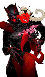 Rule 34 | 1boy, 1girl, absurdres, braid, braided ponytail, breasts, claws, colored skin, cross, demon girl, demon horns, earrings, fingernails, grin, highres, horns, jewelry, long fingernails, long hair, looking at viewer, magic circle, medium breasts, original, pointy ears, red skin, scales, sharp fingernails, simple background, smile, tail, teeth, teru by m, white background, white hair