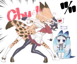 Rule 34 | !, !!, 2girls, animal ears, arm around waist, black hair, blonde hair, blush, bow, bowtie, closed eyes, couple, elbow gloves, food, gloves, hand on another&#039;s back, highres, holding, holding food, holding pocky, hug, humanization, kaban (kemono friends), kemono friends, kiss, long hair, lucky beast (kemono friends), multiple girls, notora, pocky, pocky day, pocky kiss, print bow, print bowtie, red shirt, serval (kemono friends), serval print, shared food, shirt, short hair, shorts, skirt, sleeveless, smile, tail, thighhighs, yuri