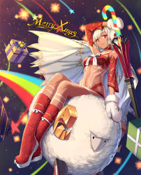 Rule 34 | 1girl, altera (fate), altera the santa (fate), animal, arm up, bare shoulders, bell, boots, box, bra, breasts, candy, candy cane, choker, christmas, circlet, collarbone, commentary, dark-skinned female, dark skin, detached sleeves, drogoth, earmuffs, fate/grand order, fate (series), food, from below, full-body tattoo, full body, gift, gift box, highres, holding, jingle bell, knee boots, looking at viewer, merry christmas, mittens, navel, night, night sky, on animal, parted bangs, purple ribbon, red bra, red choker, red eyes, red footwear, ribbon, riding, sheep, shooting star, short hair, sitting, sky, small breasts, smile, sparkle, star (sky), star (symbol), starry sky, stomach, striped ribbon, tattoo, underwear, veil, white hair, white mittens, white ribbon, wind