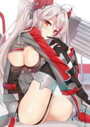 Rule 34 | 1girl, absurdres, antenna hair, azur lane, black gloves, black thighhighs, blush, breasts, buttons, closed mouth, garter straps, gloves, gu li, hair ornament, highres, knee up, large breasts, long hair, long sleeves, looking at viewer, mole, mole on breast, multicolored hair, orange eyes, prinz eugen (azur lane), rigging, sideboob, silver hair, simple background, sitting, solo, streaked hair, swept bangs, thighhighs, thighs, two side up, white background