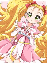 Rule 34 | 0 yoru 6, 1girl, arm warmers, belt pouch, blonde hair, blush, bow, commentary, dress, earrings, futari wa precure, futari wa precure max heart, green eyes, hair bow, heart, heart earrings, jewelry, kujou hikari, long hair, open mouth, pink dress, pouch, precure, red bow, shiny luminous, solo, twintails