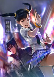 Rule 34 | 1girl, 2boys, bangle, black hair, black necktie, blouse, bracelet, breasts, city, digitalome, dutch angle, eyelashes, fighting stance, gem, grey eyes, jacket, jewelry, kazama jin, lars alexandersson, leather, leather jacket, ling xiaoyu, looking at viewer, multiple boys, necktie, neon lights, omeno (digitalome), open mouth, outdoors, panties, pantyshot, pearl (gemstone), pearl bracelet, popped collar, purple skirt, school uniform, scrunchie, shirt, short sleeves, skirt, sky, sleeves rolled up, small breasts, smile, solo focus, spiked hair, standing, striped clothes, striped panties, tekken, twintails, underwear, upskirt, white panties, white shirt