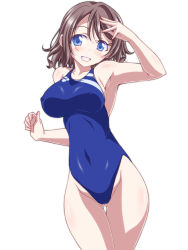 Rule 34 | 10s, 1girl, blue eyes, blue one-piece swimsuit, blush, breasts, commentary request, competition swimsuit, covered erect nipples, covered navel, cowboy shot, gluteal fold, grey hair, hand in own hair, highleg, highleg swimsuit, kikuchi tsutomu, light blush, looking at viewer, love live!, love live! sunshine!!, medium breasts, medium hair, one-piece swimsuit, salute, simple background, smile, solo, standing, swimsuit, thigh gap, thighs, watanabe you, white background