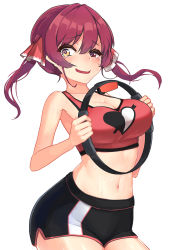 Rule 34 | 1girl, belly, blush, breasts, heterochromia, highres, hololive, houshou marine, large breasts, long hair, looking at viewer, navel, oritonagi, red eyes, red hair, ribbon, ring fit adventure, smile, solo, sports bra, twintails, virtual youtuber, yellow eyes