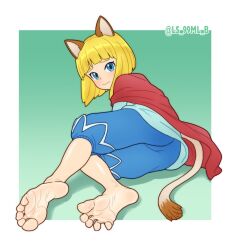 1boy animal_ears artist_name barefoot blonde_hair blue_eyes blue_shirt blue_shorts blunt_bangs blunt_ends blush cape cat_ears cat_tail closed_mouth commentary commission embarrassed english_commentary evan_pettiwhisker_tildrum feet foot_focus full_body gradient_background green_background knees_together_feet_apart looking_at_viewer lying male_focus medium_hair ni_no_kuni on_side red_cape shadow shirt shorts soles solo spread_toes tail toenails toes tsukimaru_(ls_99ml) twitter_username