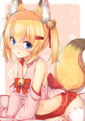 Rule 34 | 1girl, :o, animal ear fluff, animal ears, bare shoulders, bell, blonde hair, blue eyes, blush, bow, breasts, chinese commentary, collarbone, commentary request, detached sleeves, fang, fox ears, fox girl, fox tail, hair bell, hair between eyes, hair ornament, hair ribbon, hairclip, haluka (aixioo), highres, jingle bell, kemomimi oukoku kokuei housou, long sleeves, medium breasts, mikoko (kemomimi oukoku kokuei housou), navel, panties, parted lips, pleated skirt, red bow, red ribbon, red skirt, ribbon, ribbon-trimmed legwear, ribbon trim, sidelocks, skirt, sleeves past fingers, sleeves past wrists, solo, tail, thighhighs, two side up, underwear, virtual youtuber, white panties, white thighhighs, wide sleeves