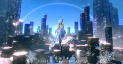 1girl absurdres bloom blue_cape blue_gloves blue_hair blue_sky blurry blurry_foreground boots bush cape clear_sky day eula_(genshin_impact) facing_away from_behind full_body genshin_impact gloves glowing greatsword hair_ornament high_heel_boots high_heels highres long_sleeves medium_hair nid417 outdoors reflection rock scenery sky snow snowflakes snowing solo sword thigh_boots tree walking water weapon wide_shot