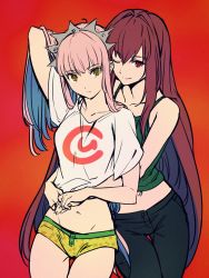 Rule 34 | 2girls, aono shimo, bad id, bad twitter id, contemporary, denim, fate/grand order, fate (series), highres, hug, hug from behind, jeans, long hair, looking at viewer, medb, medb (fate), multiple girls, navel, one eye closed, pants, pink hair, purple eyes, purple hair, red eyes, scathach (fate), smile, yellow eyes, yuri